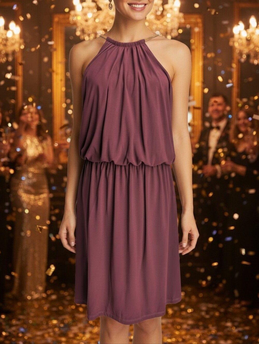 Sleeveless Halter Blouson Dress in Purple